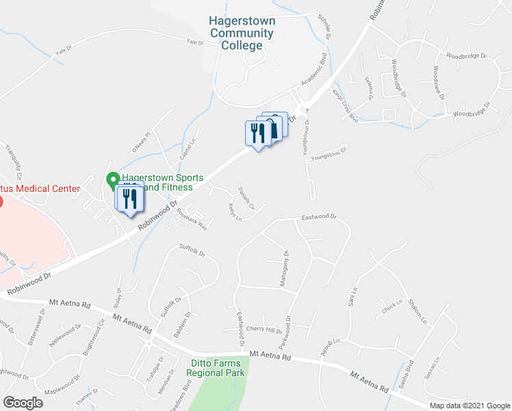 map of restaurants, bars, coffee shops, grocery stores, and more near 20146 Daniels Circle in Hagerstown