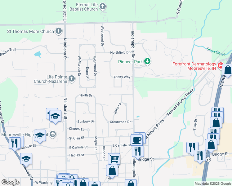 map of restaurants, bars, coffee shops, grocery stores, and more near 66 Sweetwood Drive in Mooresville