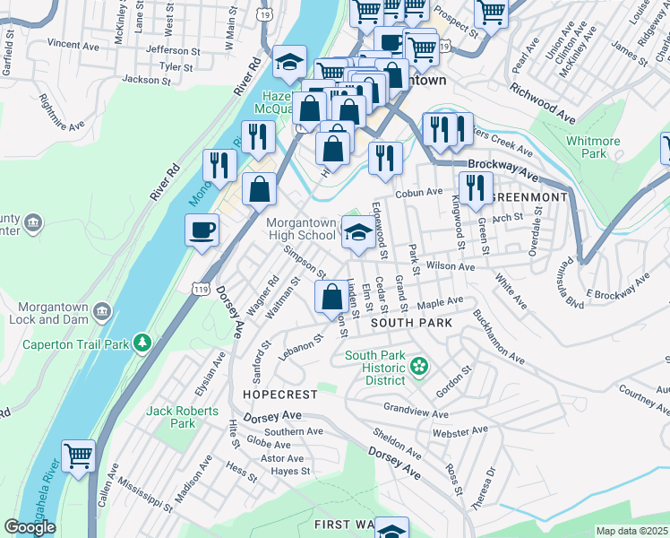 map of restaurants, bars, coffee shops, grocery stores, and more near 69 Wilson Avenue in Morgantown