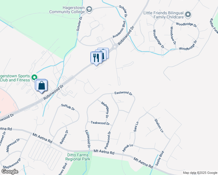 map of restaurants, bars, coffee shops, grocery stores, and more near 11203 Grouse Lane South in Hagerstown