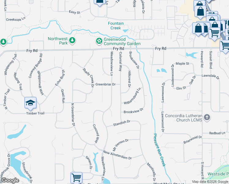 map of restaurants, bars, coffee shops, grocery stores, and more near 597 Meadowview Lane in Greenwood