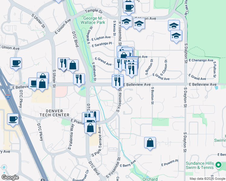map of restaurants, bars, coffee shops, grocery stores, and more near 8492 East Crescent Parkway in Greenwood Village