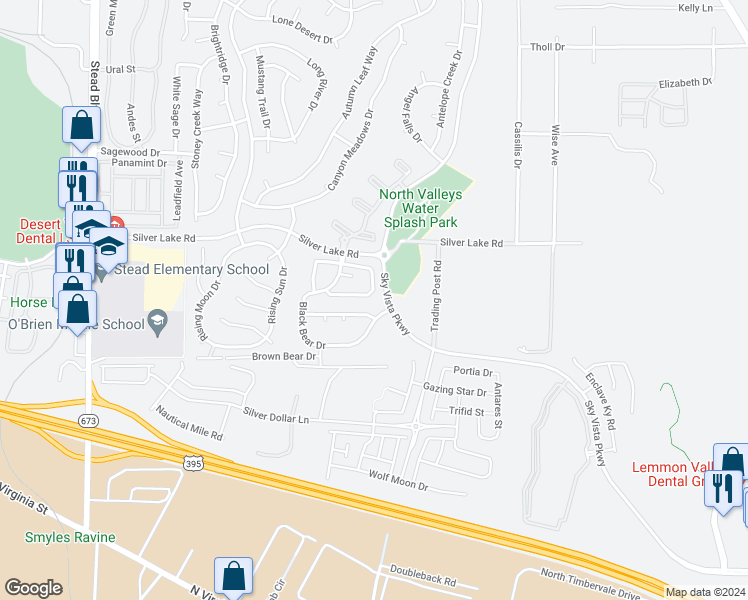 map of restaurants, bars, coffee shops, grocery stores, and more near 9244 Lone Wolf Circle in Reno