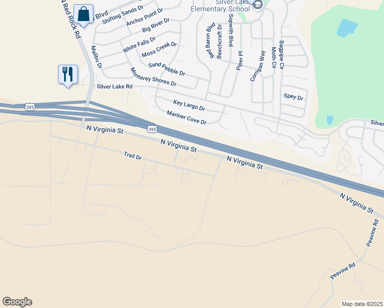 map of restaurants, bars, coffee shops, grocery stores, and more near 10100 North Virginia Street in Reno