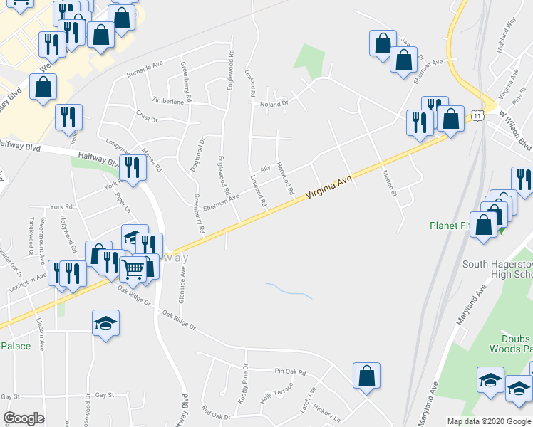 map of restaurants, bars, coffee shops, grocery stores, and more near 17829 Virginia Avenue in Hagerstown