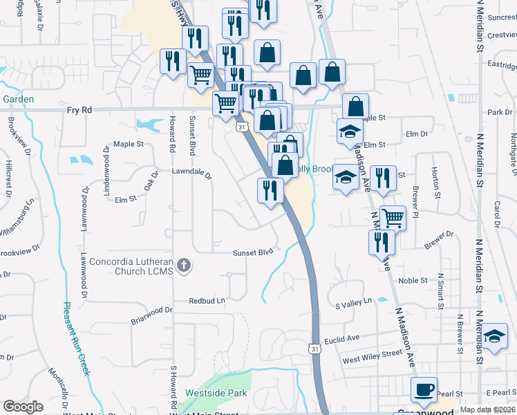 map of restaurants, bars, coffee shops, grocery stores, and more near 605 Wooddale Terrace in Greenwood