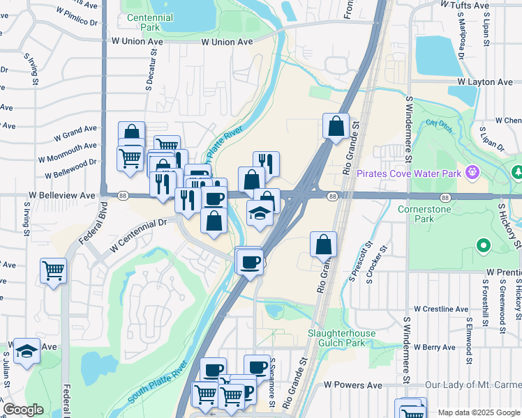 map of restaurants, bars, coffee shops, grocery stores, and more near in Littleton