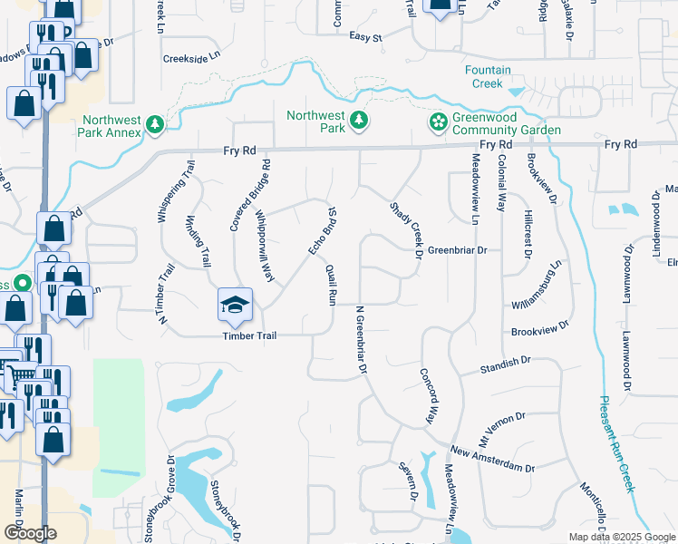 map of restaurants, bars, coffee shops, grocery stores, and more near 575 Quail Run in Greenwood