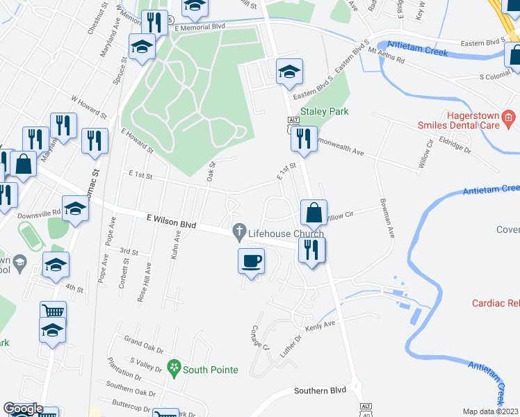 map of restaurants, bars, coffee shops, grocery stores, and more near 931 Kenwood Drive in Hagerstown