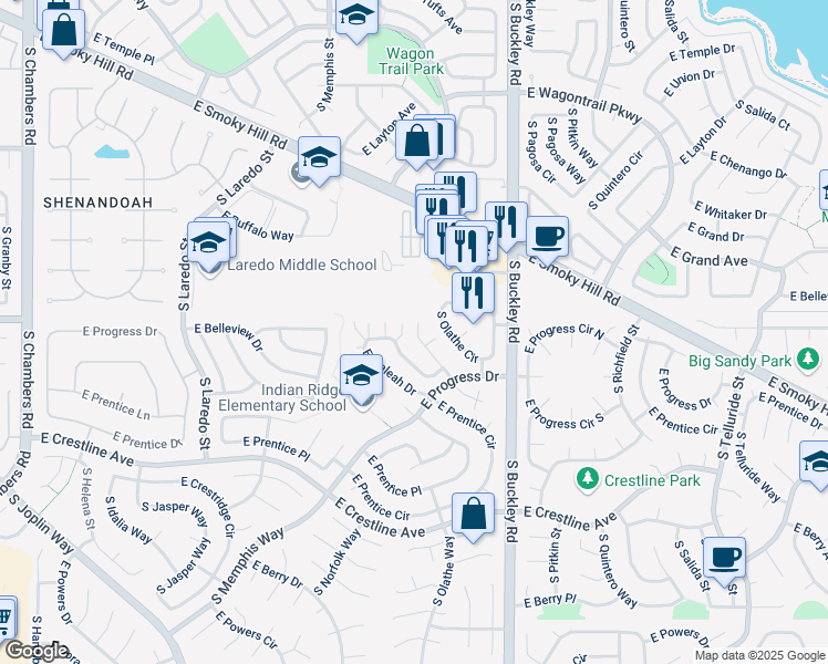 map of restaurants, bars, coffee shops, grocery stores, and more near 16515 East Hialeah Drive in Centennial