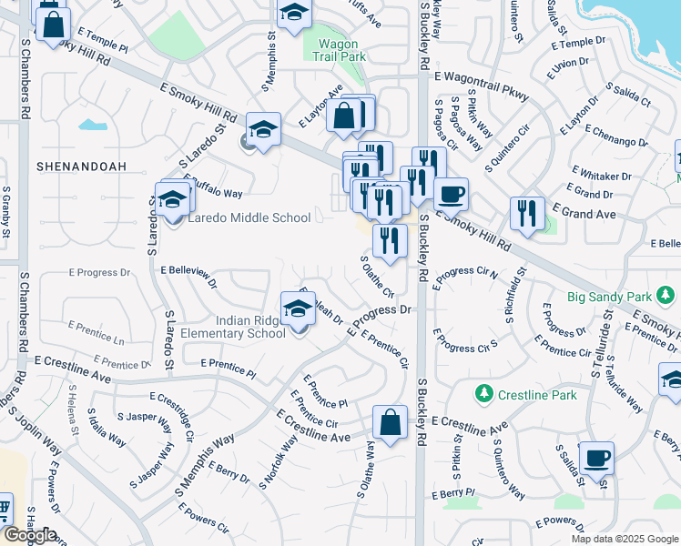 map of restaurants, bars, coffee shops, grocery stores, and more near 16515 East Hialeah Drive in Centennial