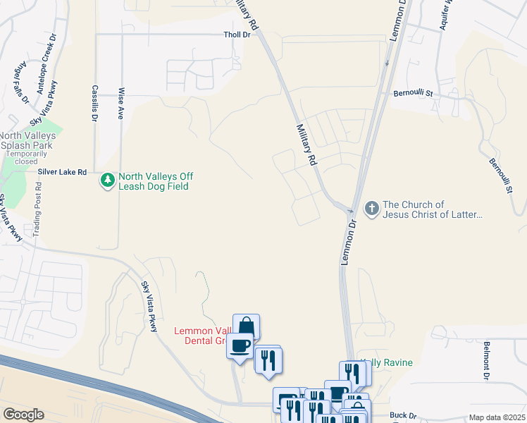 map of restaurants, bars, coffee shops, grocery stores, and more near 4931-5281 Military Road in Reno