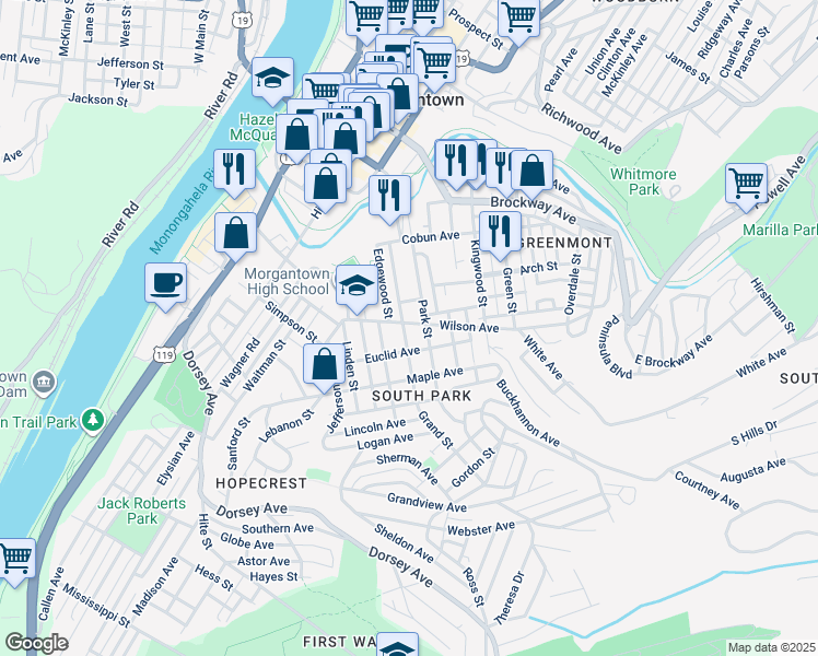 map of restaurants, bars, coffee shops, grocery stores, and more near 301 Park Street in Morgantown
