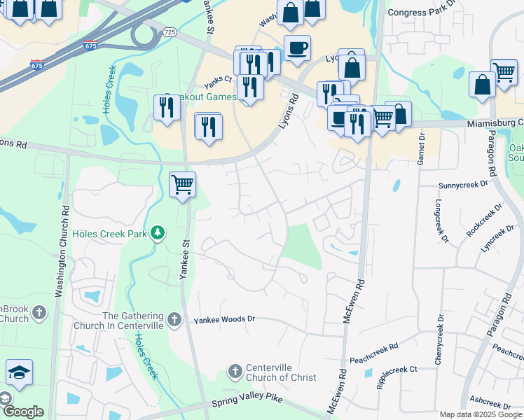 map of restaurants, bars, coffee shops, grocery stores, and more near 8490 Woodgrove Drive in Dayton