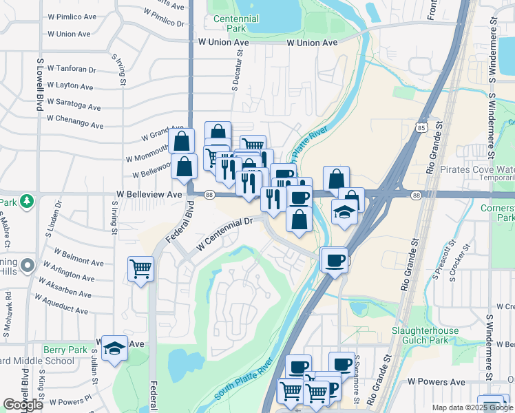 map of restaurants, bars, coffee shops, grocery stores, and more near 2700 West Belleview Avenue in Littleton
