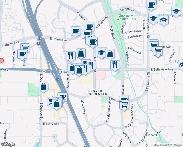 map of restaurants, bars, coffee shops, grocery stores, and more near 8000 East Belleview Avenue in Greenwood Village