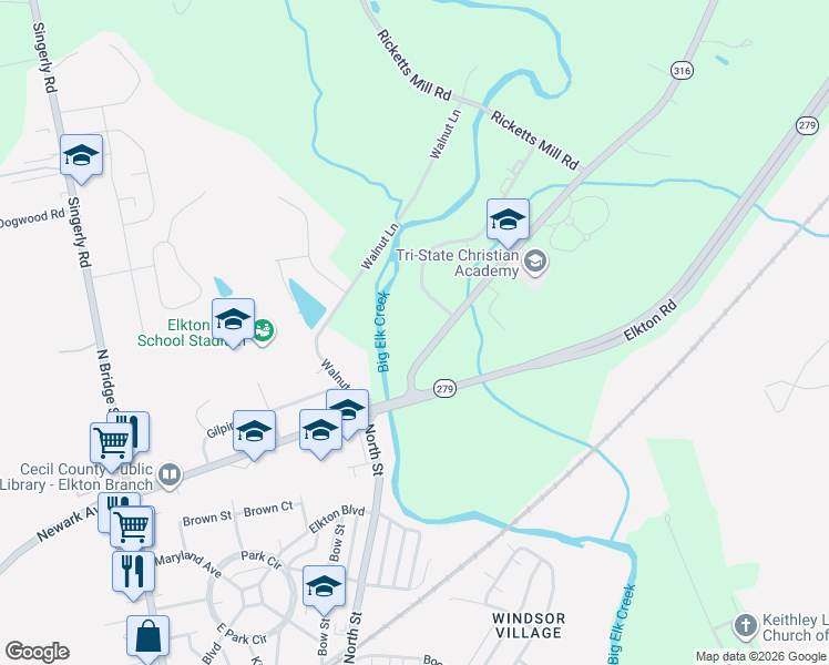 map of restaurants, bars, coffee shops, grocery stores, and more near 36 Appleton Road in Elkton