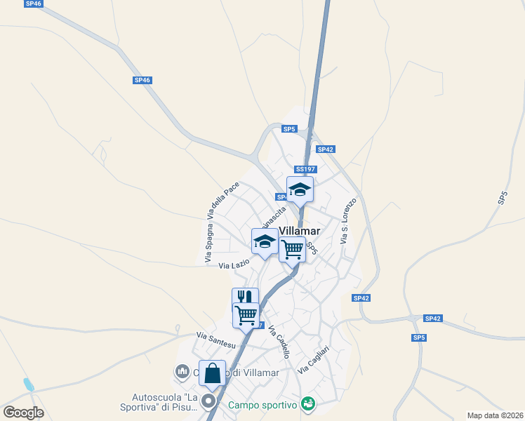 map of restaurants, bars, coffee shops, grocery stores, and more near 10 Via dell'Alleanza in Villamar