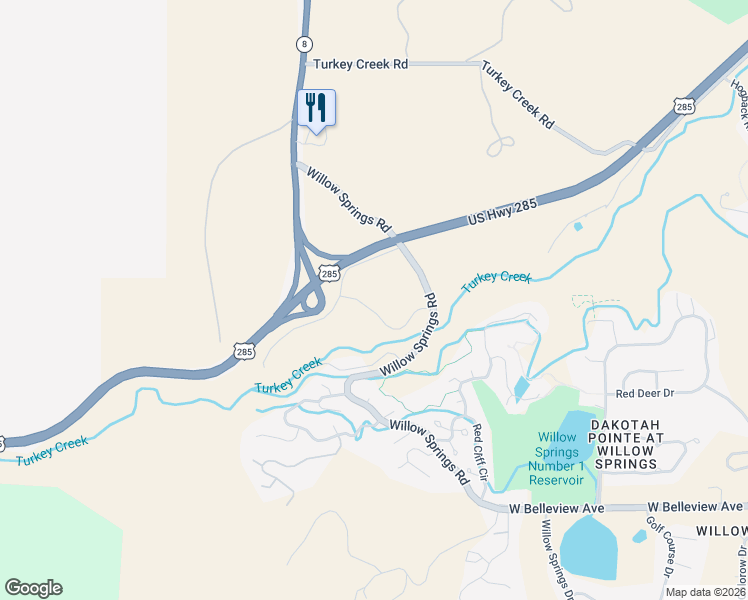 map of restaurants, bars, coffee shops, grocery stores, and more near 5015 Willow Springs Road in Morrison