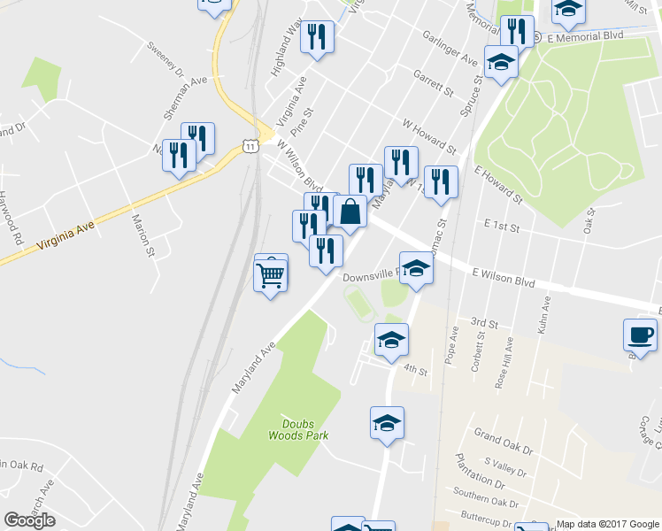 map of restaurants, bars, coffee shops, grocery stores, and more near 1049 Maryland Avenue in Hagerstown