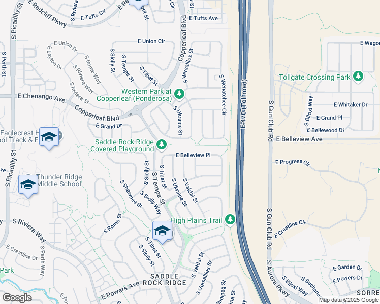 map of restaurants, bars, coffee shops, grocery stores, and more near 22632 East Bellewood Drive in Aurora