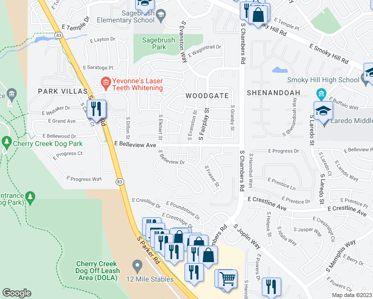 map of restaurants, bars, coffee shops, grocery stores, and more near 5098 South Elkhart Court in Aurora