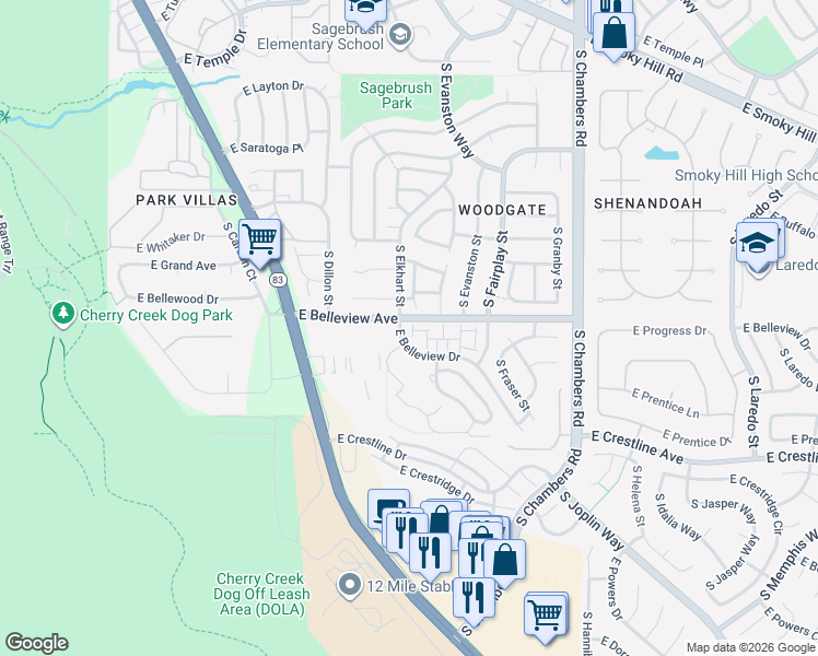 map of restaurants, bars, coffee shops, grocery stores, and more near 5095C South Elkhart Way in Aurora
