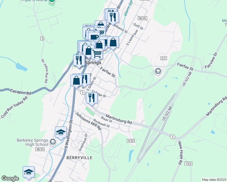 map of restaurants, bars, coffee shops, grocery stores, and more near 104 Ewing St in Bath (Berkeley Springs)