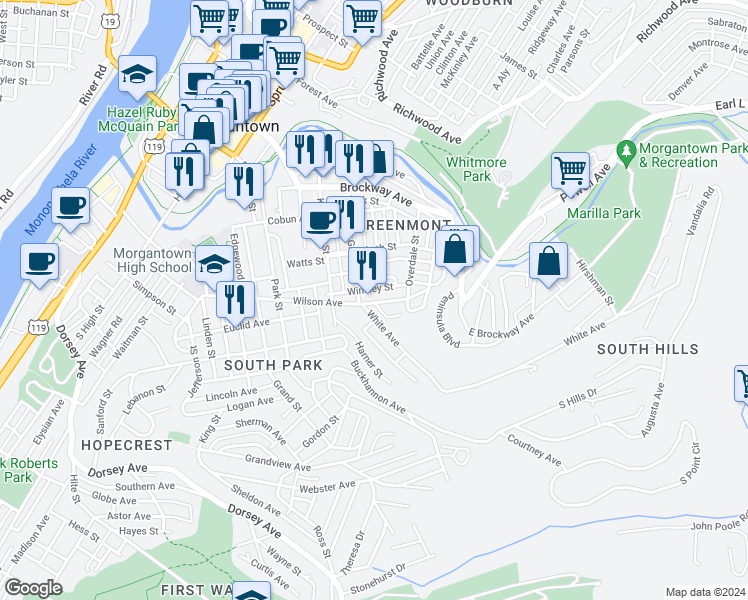 map of restaurants, bars, coffee shops, grocery stores, and more near 455 Winsley Street in Morgantown