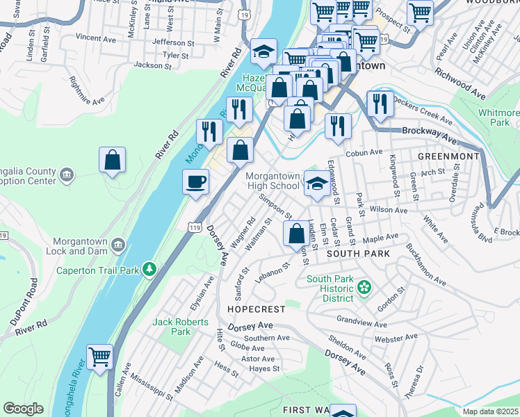 map of restaurants, bars, coffee shops, grocery stores, and more near 205 South High Street in Morgantown