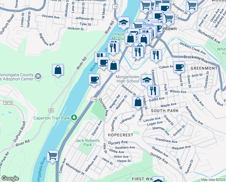 map of restaurants, bars, coffee shops, grocery stores, and more near in Morgantown