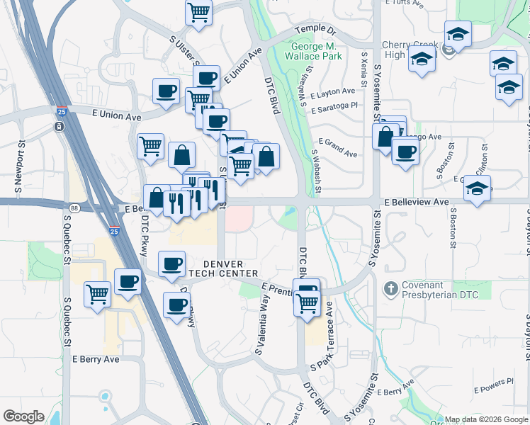 map of restaurants, bars, coffee shops, grocery stores, and more near 8300 East Crescent Parkway in Greenwood Village