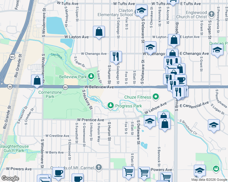 map of restaurants, bars, coffee shops, grocery stores, and more near 750 West Belleview Avenue in Englewood