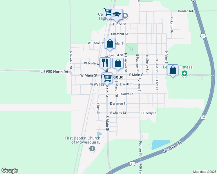map of restaurants, bars, coffee shops, grocery stores, and more near 101 East Wall Street in Moweaqua