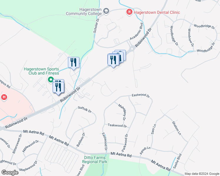 map of restaurants, bars, coffee shops, grocery stores, and more near 20138 Daniels Circle in Hagerstown