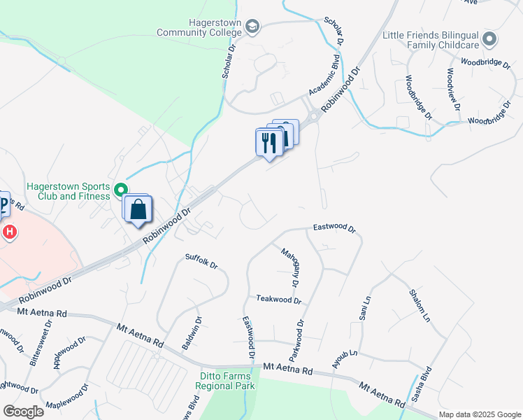 map of restaurants, bars, coffee shops, grocery stores, and more near 20138 Daniels Circle in Hagerstown