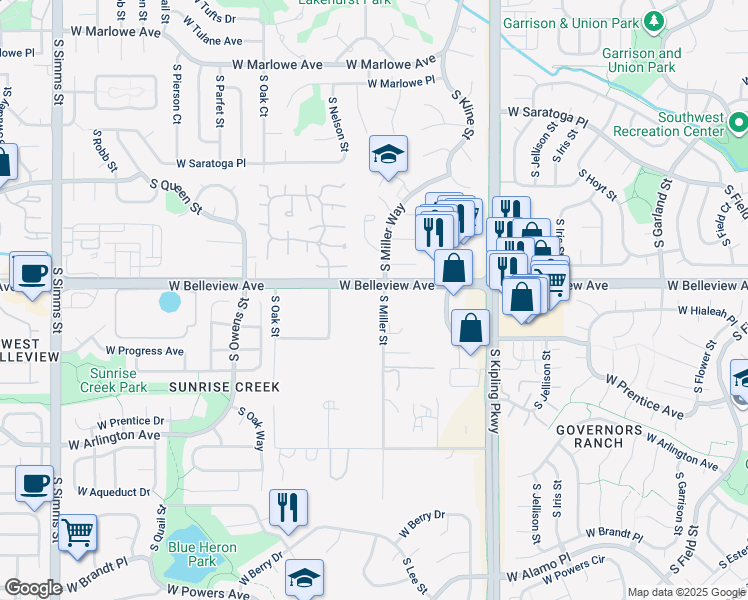 map of restaurants, bars, coffee shops, grocery stores, and more near 5123 South Miller Street in Littleton