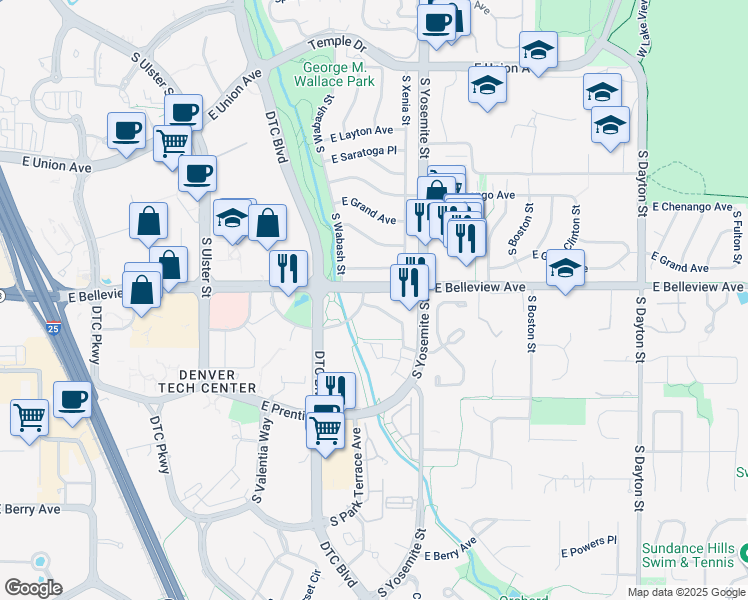 map of restaurants, bars, coffee shops, grocery stores, and more near 8492 East Crescent Parkway in Greenwood Village