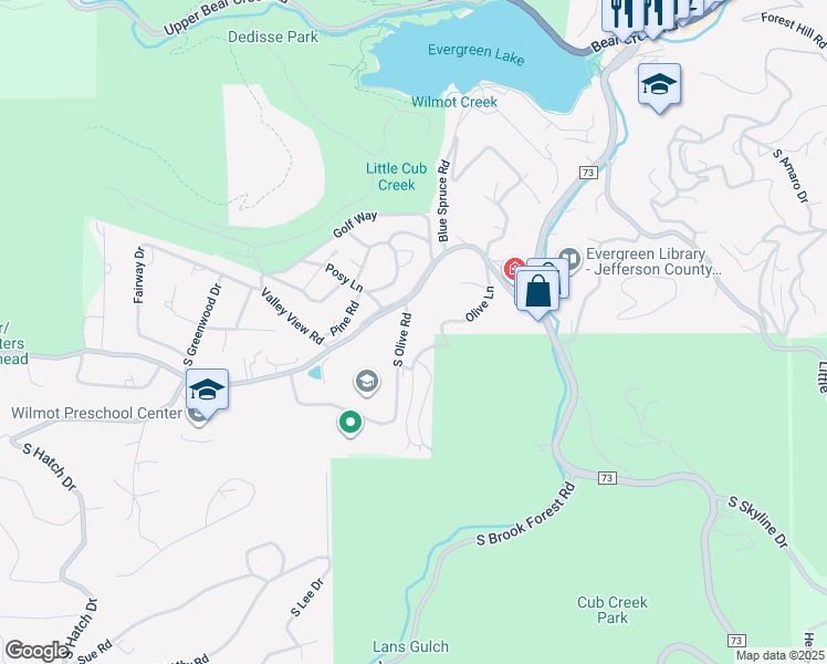 map of restaurants, bars, coffee shops, grocery stores, and more near 5261 South Olive Road in Evergreen