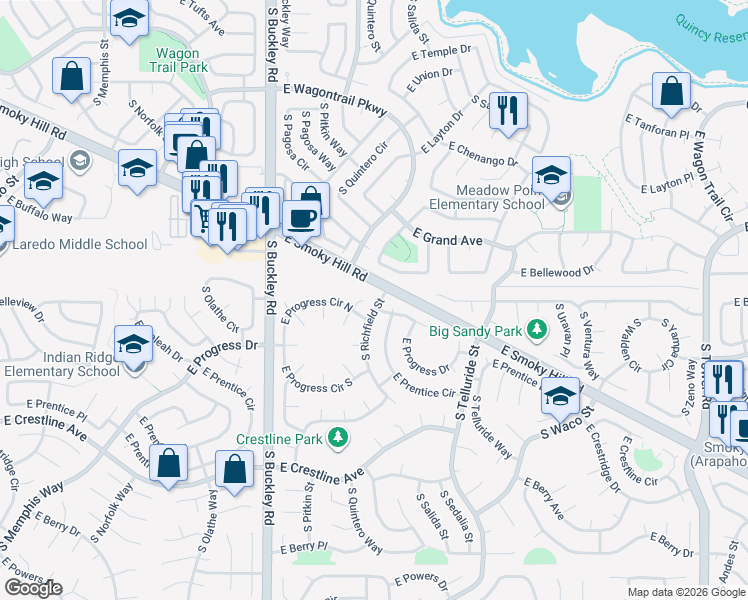 map of restaurants, bars, coffee shops, grocery stores, and more near 5102 South Quintero Street in Centennial