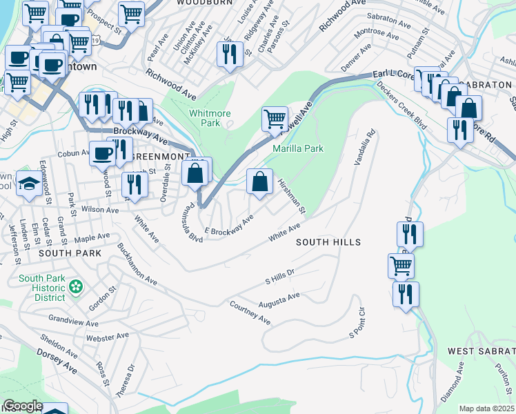 map of restaurants, bars, coffee shops, grocery stores, and more near 599 E Brockway Ave in Morgantown