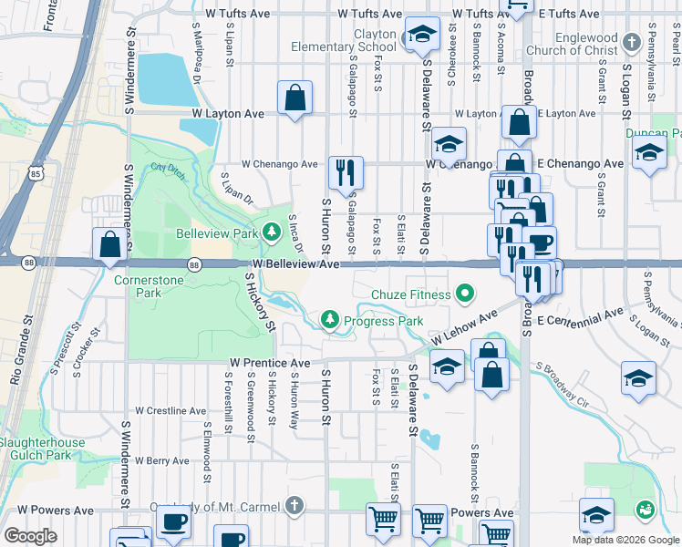 map of restaurants, bars, coffee shops, grocery stores, and more near 5090 South Huron Street in Englewood