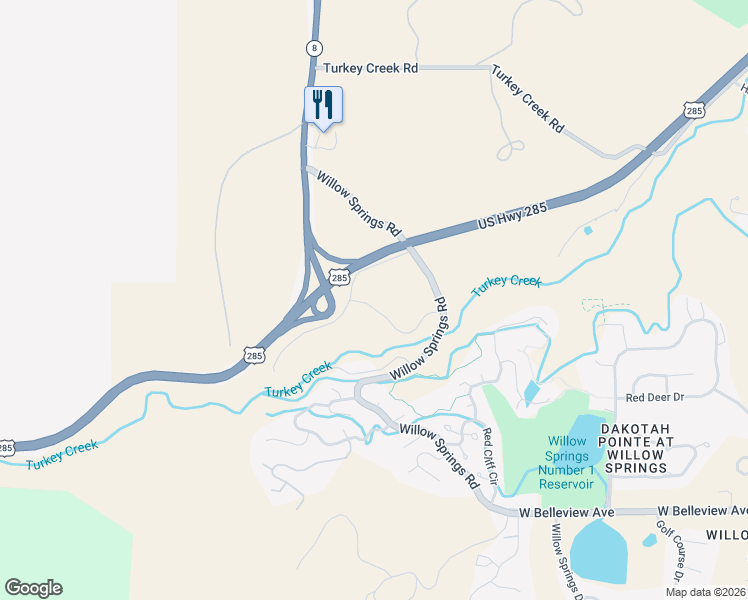 map of restaurants, bars, coffee shops, grocery stores, and more near 5015 Willow Springs Road in Morrison