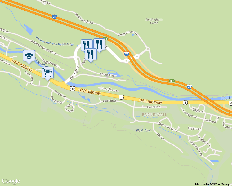 map of restaurants, bars, coffee shops, grocery stores, and more near 1 Riverside Court in Avon