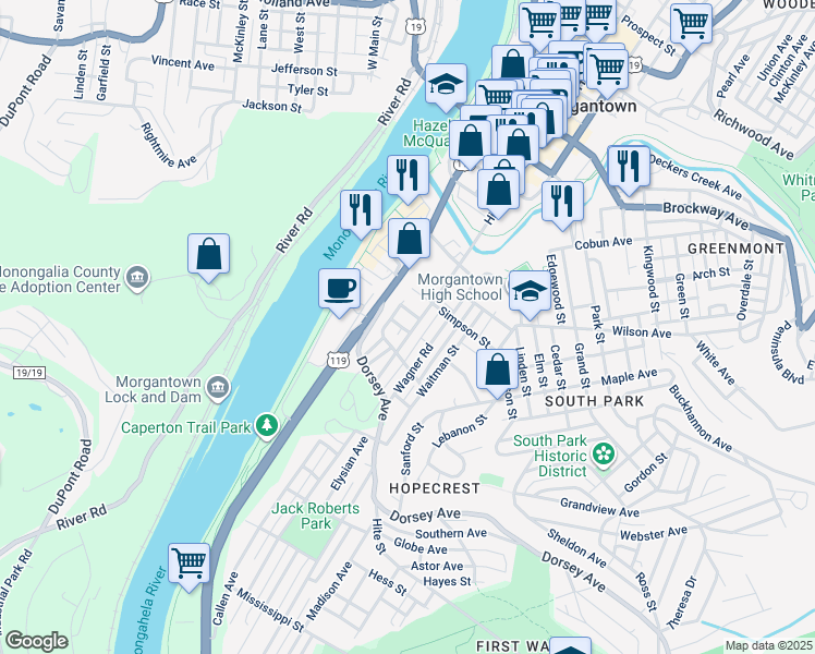 map of restaurants, bars, coffee shops, grocery stores, and more near in Morgantown