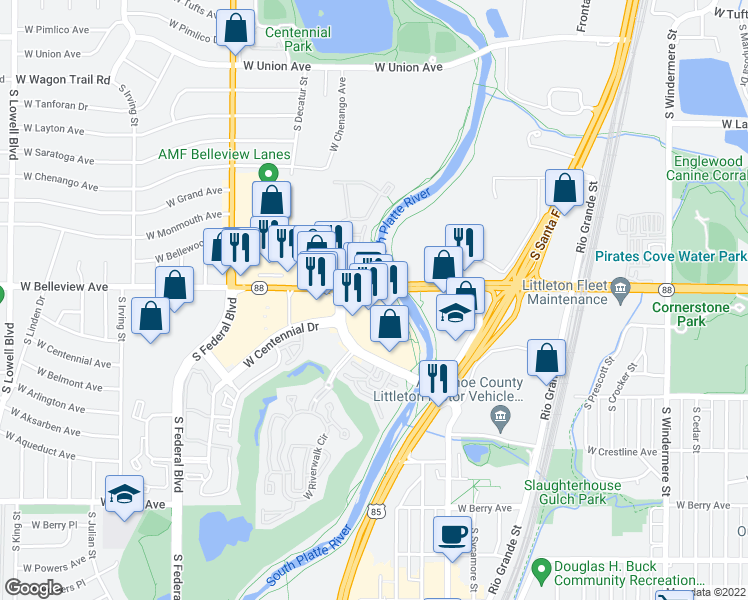 map of restaurants, bars, coffee shops, grocery stores, and more near 2600 West Belleview Avenue in Littleton