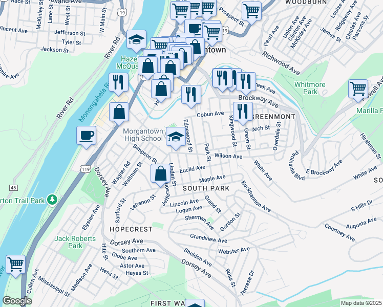 map of restaurants, bars, coffee shops, grocery stores, and more near 219 Edgewood Street in Morgantown