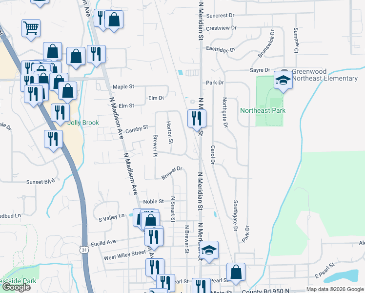 map of restaurants, bars, coffee shops, grocery stores, and more near 613 East Fairview Drive in Greenwood