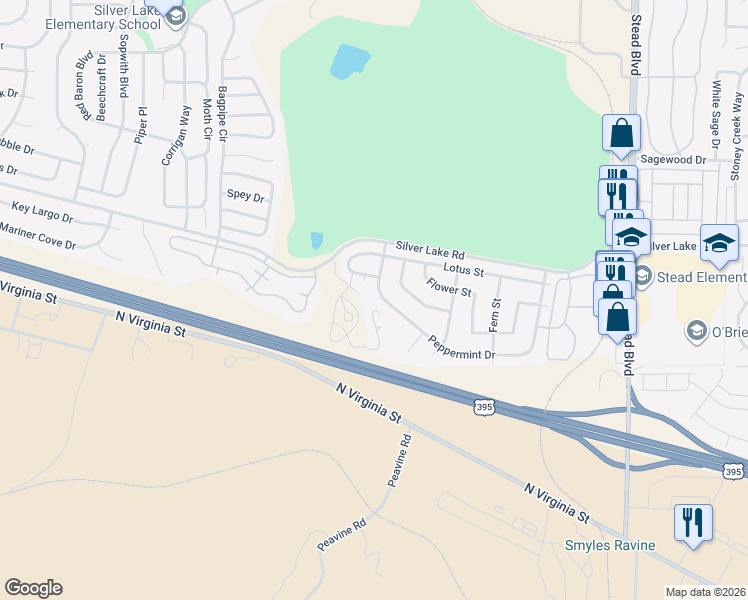 map of restaurants, bars, coffee shops, grocery stores, and more near 7194 Indigo Court in Reno