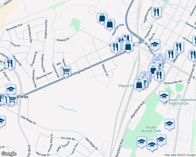 map of restaurants, bars, coffee shops, grocery stores, and more near 664 Armstrong Avenue in Hagerstown